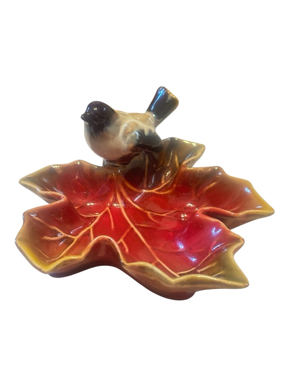 Creative Co-Op Red and Brown Leaf Dish with Bird Accent- So adorable!